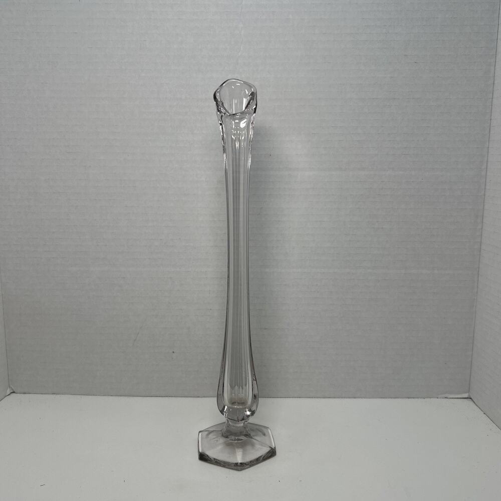 Westmorelend Clear Glass 12" Swung Bud Vase Hexagonal Pedestal Base